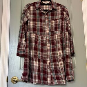LOFT Burgundy, Cream & Light Blue Plaid Button-Front Shirt